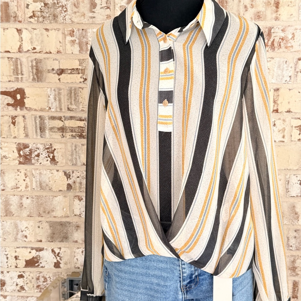 CAbi Striped Button-Down Blouse in Black, White & Mustard